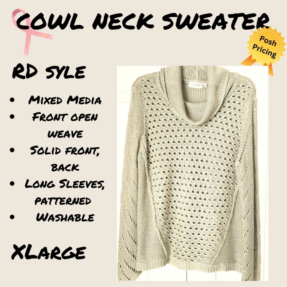 RD Style Cowl Neck Long Sleeve Mixed Media Oatmeal Colored  Sweater XL